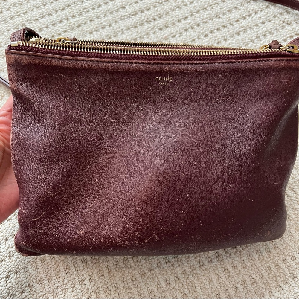 Celine Large Trio Crossbody Bag in Burgundy